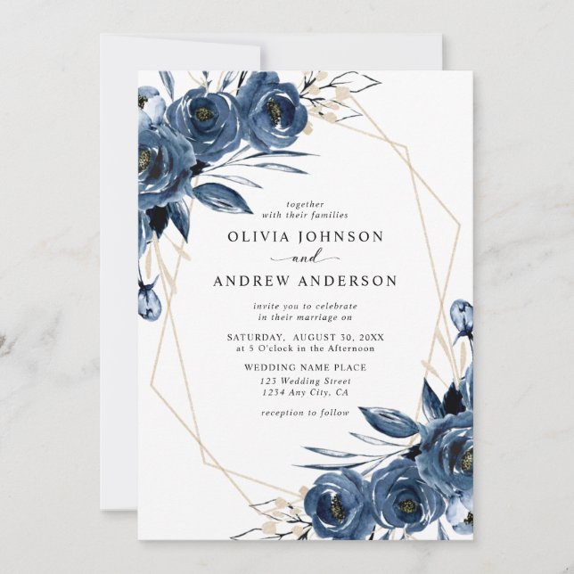 Elegant Navy Blue Silver Geometric Floral Wedding Inbjudningar (Framsida)