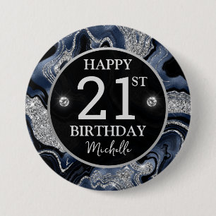 Elegant Navy Blue & Silver Glitter Agate Födelseda Knapp