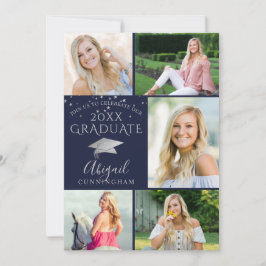 Elegant Navy Blue Silver Photo Collage Student Inbjudningar