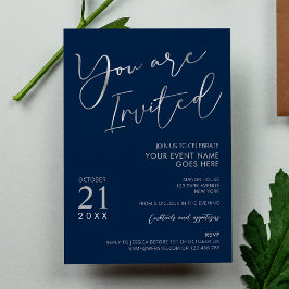 Elegant Navy Blue & Silver Script Company Party Inbjudningar