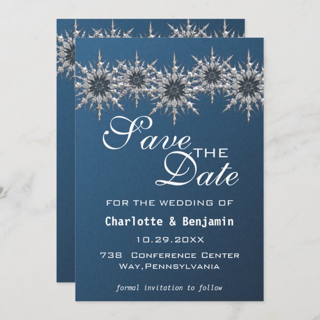 Elegant Navy Blue Silver Snowflake Save Date Spara Datumet (Fram/baksida)