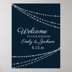 Elegant Navy Blue String Ljus Bröllop Poster