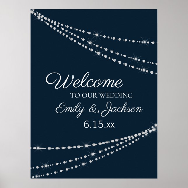 Elegant Navy Blue String Ljus Bröllop Poster (Framsidan)