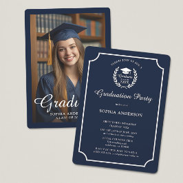 Elegant Navy Blue Studenten Photo School Emblem Inbjudningar