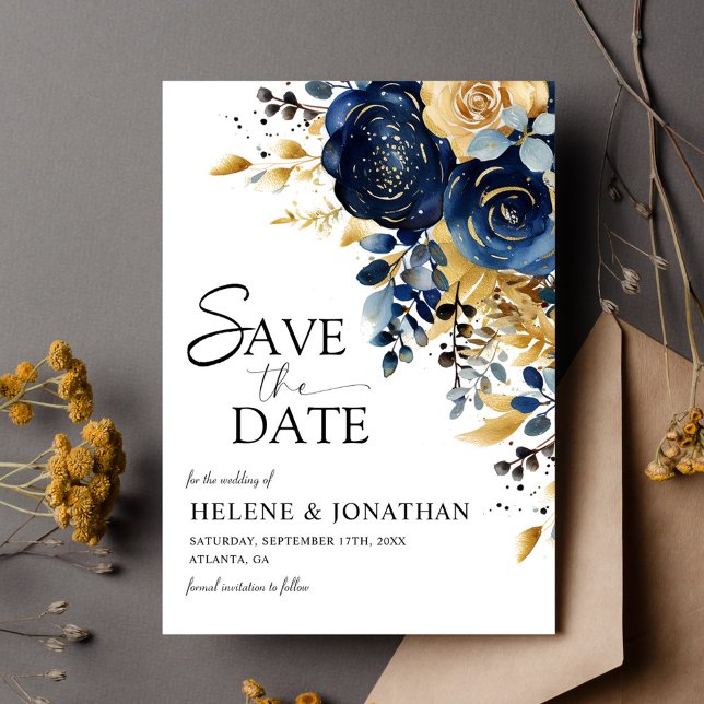 Elegant Navy Blue Terracotta Guld Blommigt Bröllop Spara Datumet (Elegant Navy Blue Terracotta Gold Floral Wedding Save The Date)