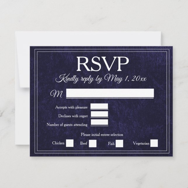 Elegant Navy Blue Velvet RSVP Wedding OSA Kort (Framsida)