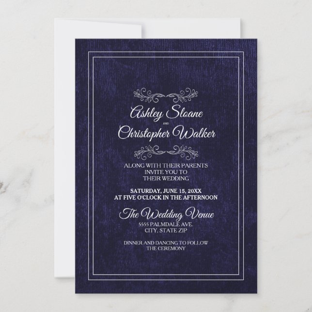 Elegant Navy Blue Velvet White Monogram Wedding Inbjudningar (Framsida)