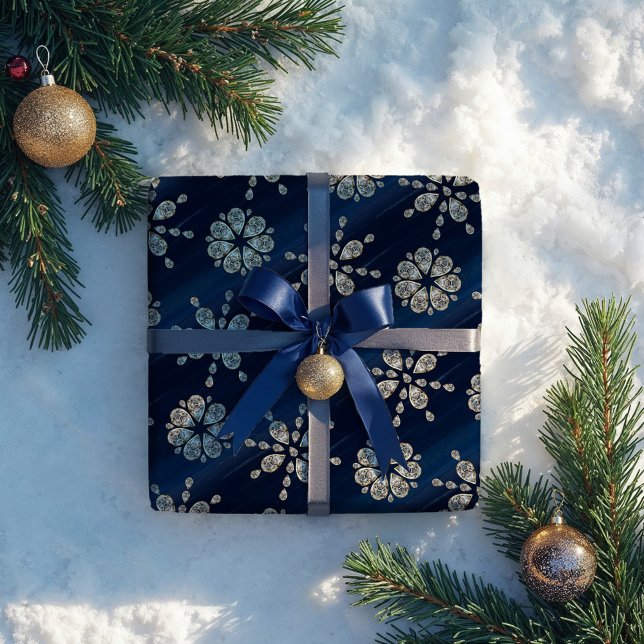 Elegant Navy Blue Watercolor Jewels Snöflingor Presentpapper (Elegant Navy Blue Watercolor Jewels Snowflakes Wrapping Paper)