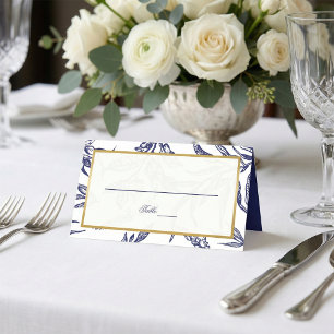 Elegant Navy Blue White Guld Botanical Bröllop Placeringskort