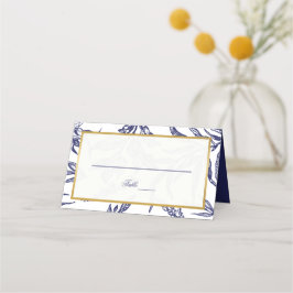 Elegant Navy Blue White Guld Botanical Bröllop Placeringskort