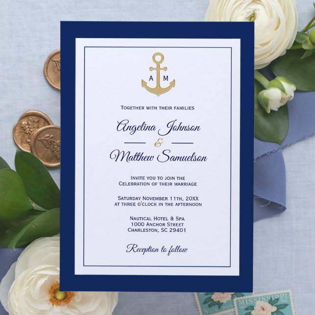 Elegant Navy Blue White Guld Nautical Bröllop Inbjudningar (Skapare uppladdad)