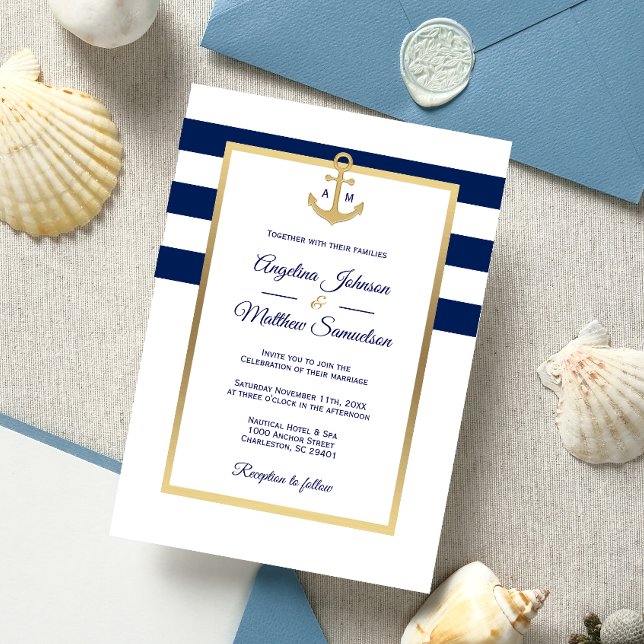 Elegant Navy Blue White Guld Nautical Bröllop Inbjudningar (Skapare uppladdad)
