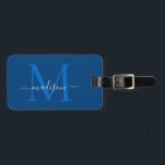 Elegant Navy Blue White Monogram Script Namn Bagagebricka<br><div class="desc">Märkrn Bag för elegant Navy Blue White Monogram Script Namn Snyggt Bag</div>