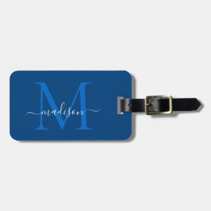 Elegant Navy Blue White Monogram Script Namn Bagagebricka