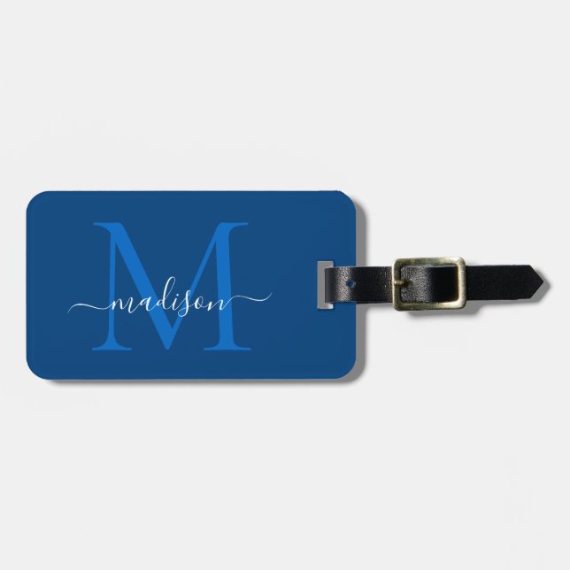 Elegant Navy Blue White Monogram Script Namn Bagagebricka (Horisontell Framsida)