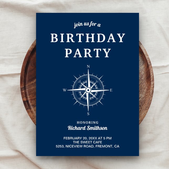 Elegant Navy Blue White Nautical Compass Birthday Inbjudningar (Skapare uppladdad)
