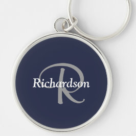 Elegant Navy Blue White Silver Grått Monogrammed m Rund Silverfärgad Nyckelring
