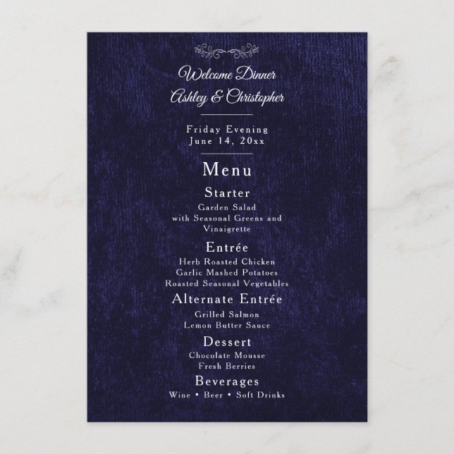 Elegant Navy Blue White Welcome Dinner Meny (Framsida)