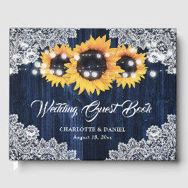 Elegant Navy Blue Wood Lace Sunflower Wedding Gästböcker
