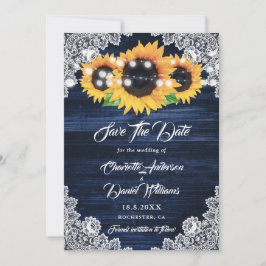 Elegant Navy Blue Wood Lace Sunflower Wedding Spara Datumet
