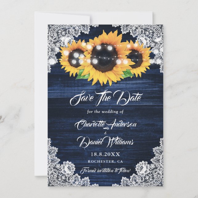 Elegant Navy Blue Wood Lace Sunflower Wedding Spara Datumet (Framsida)