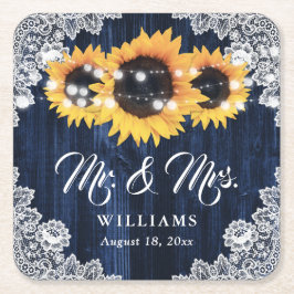 Elegant Navy Blue Wood Lace Sunflower Wedding Underlägg Papper Kvadrat