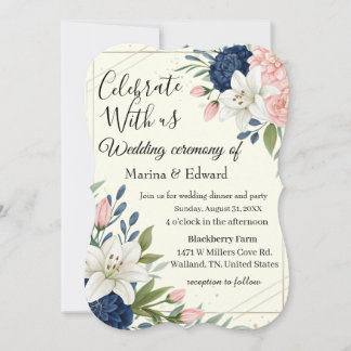 Elegant Navy Blush Floral Wedding Invitation Inbjudningar