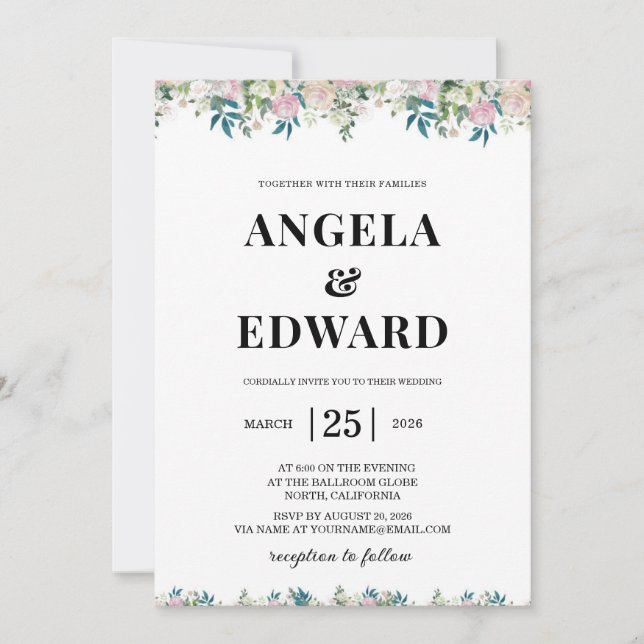 Elegant Navy Blush Pink Wedding Invitation Inbjudningar (Framsida)