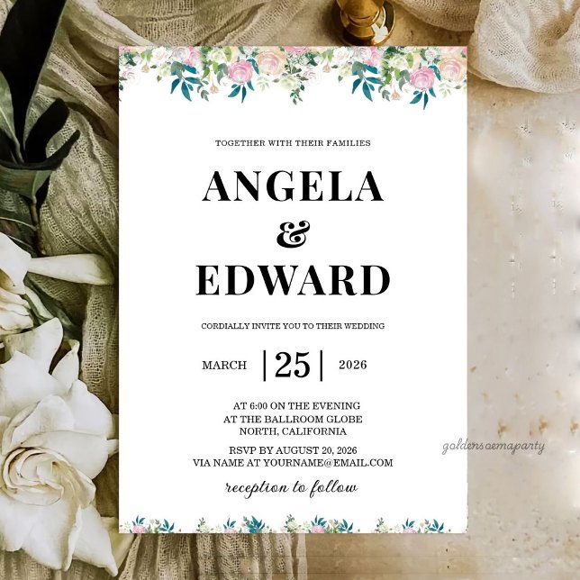 Elegant Navy Blush Rosa Bröllopsinbjudan Inbjudningar (Elegant Navy Blush Pink Wedding Invitation
)