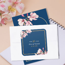 Elegant Navy Blush Rosa Magnolia Blommig Bröllop Fyrkantigt Klistermärke