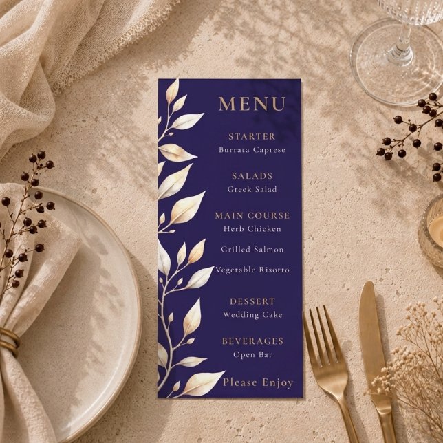 Elegant Navy Botanisk Kant Bröllop Meny (Skapare uppladdad)