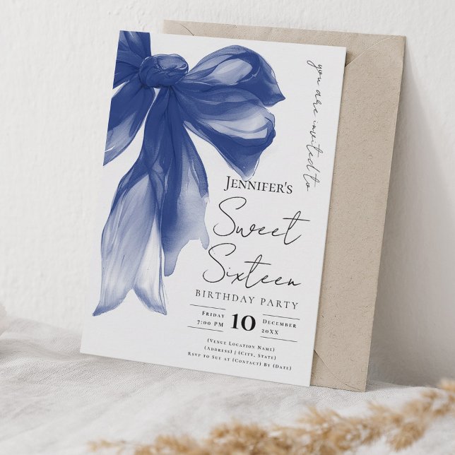 Elegant Navy Bow Coquette Script Sweet 16 Party  Inbjudningar (Elegant Navy Bow Coquette Script Sweet 16 Party Invitation)