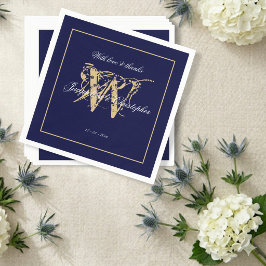 Elegant Navy Bröllop Vit Skrift & Guld Monogram Pappersservett