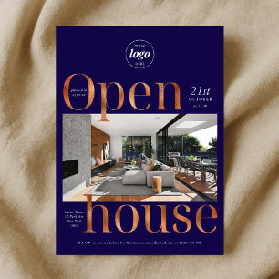 Elegant Navy Bronze Business Open House One Photo Inbjudningar