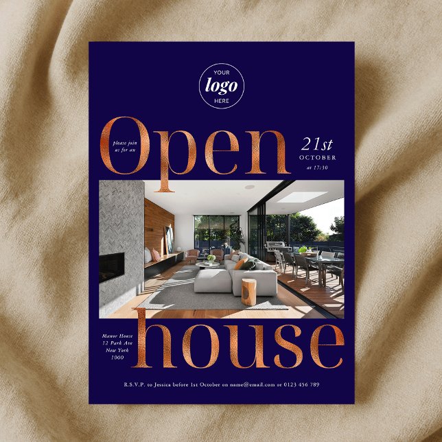 Elegant Navy Bronze Business Open House One Photo Inbjudningar (Elegant Navy Bronze Business Open House One Photo Invitation)