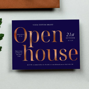 Elegant Navy & Bronze Guld Business Open House Inbjudningar