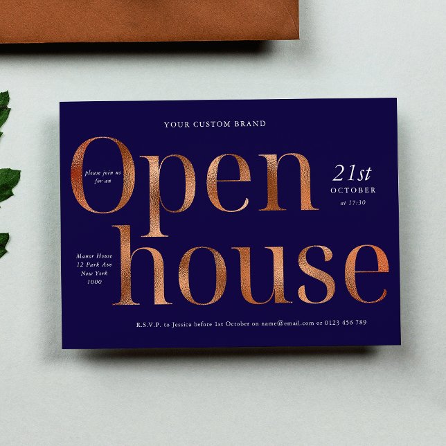 Elegant Navy & Bronze Guld Business Open House Inbjudningar (Elegant Navy & Bronze Gold Business Open House Invitation)