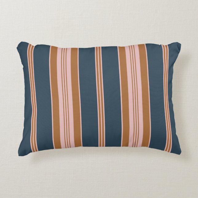 Elegant Navy Brown Pink Ticking Stripe Prydnadskudde (Framsidan)