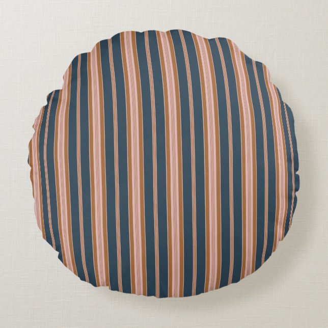 Elegant Navy Brown Pink Ticking Stripe Rund Kudde (Framsidan)