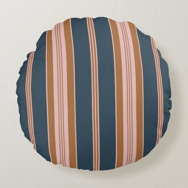 Elegant Navy Brown Pink Ticking Stripe Rund Kudde (Framsidan)
