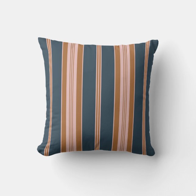 Elegant Navy Brun Rosa Ticking Randig Kudde (Framsida)