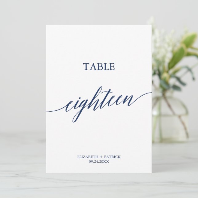 Elegant Navy Calligraphy Bord 18 Bordsnummer (Stående Fram)