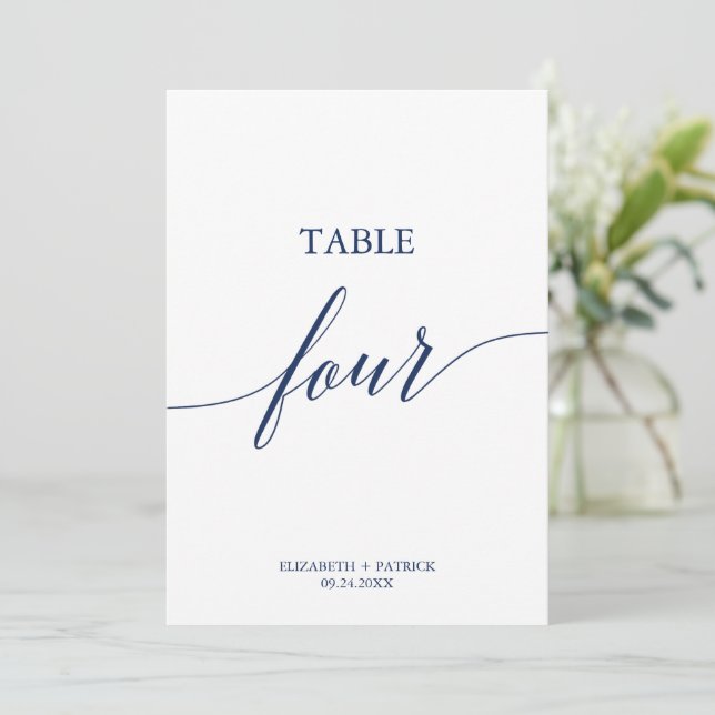Elegant Navy Calligraphy Bord Fyra Bordsnummer (Stående Fram)