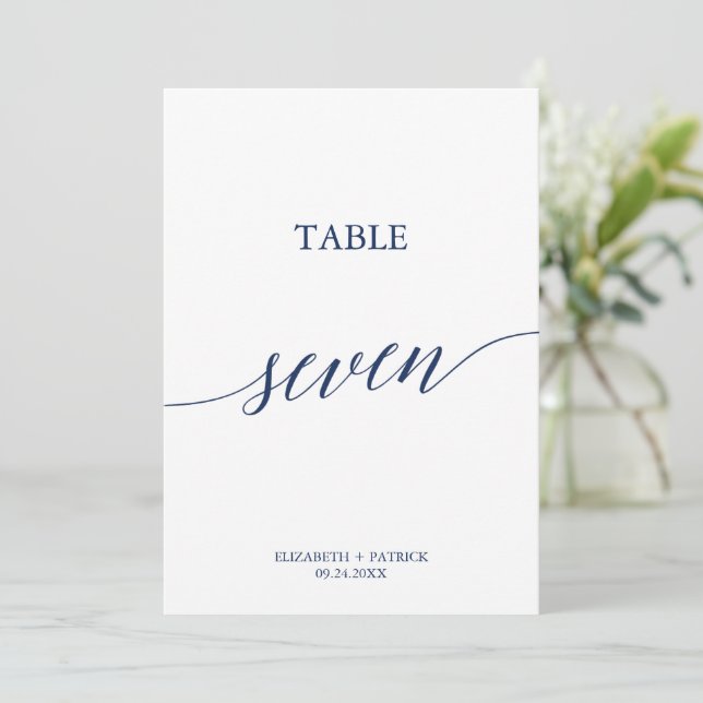 Elegant Navy Calligraphy Bord Seven Bordsnummer (Stående Fram)