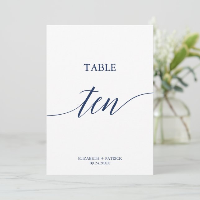 Elegant Navy Calligraphy Bord Ten Bordsnummer (Stående Fram)