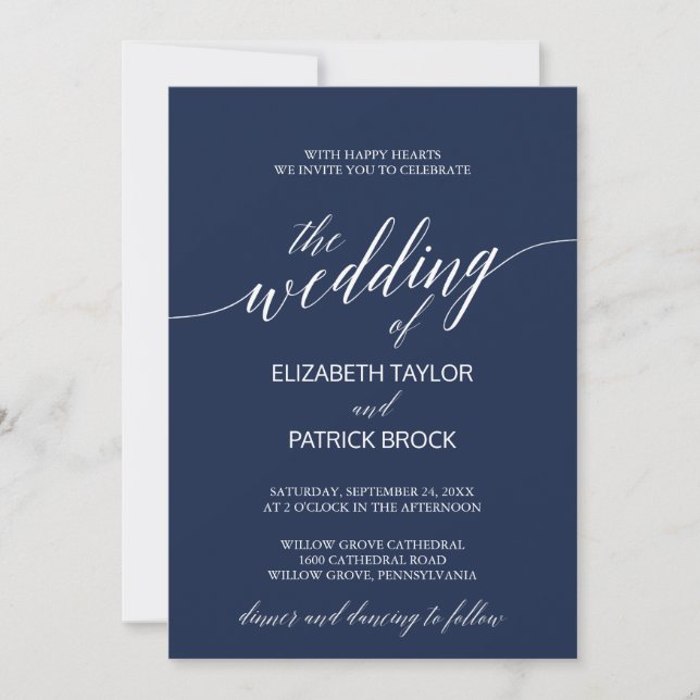 Elegant Navy Calligraphy Bröllop Inbjudningar (Framsida)