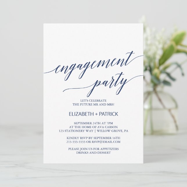 Elegant Navy Calligraphy-Förlovningsfest Inbjudningar (Stående Fram)