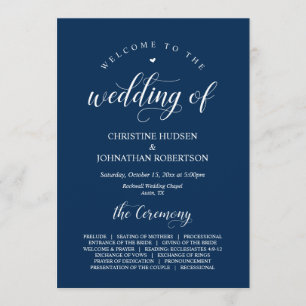 Elegant Navy Classy Script, Bröllop Ceremony Progr Program