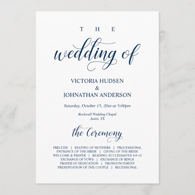 Elegant Navy Classy Script, Bröllop Ceremony Program (Framsida)