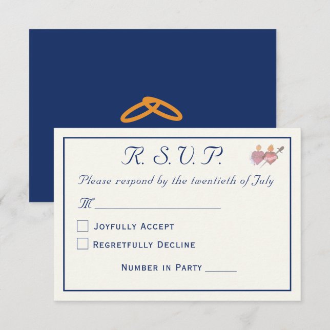 Elegant Navy & Crème Två Hjärtan Katolsk Bröllop OSA Kort (Fram/baksida)